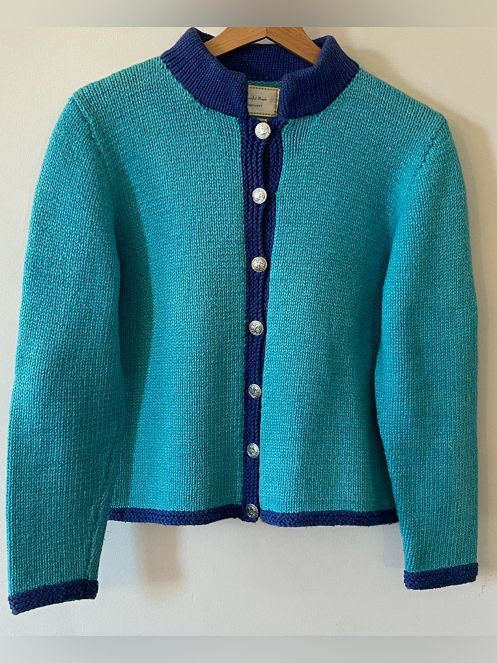Coastal Grandmother Teal Cardigan Navy Trim Nantucket Preppy Sweater
